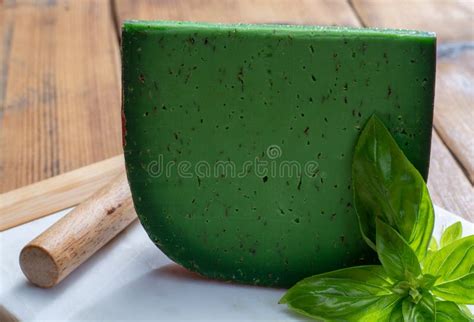 Cheese Collection Piece Of Dutch Green Pesto Hard Cheese With Fresh