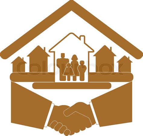 Braunes Schild Mit Handshake Und Familie Im Haus Silhouette Stock