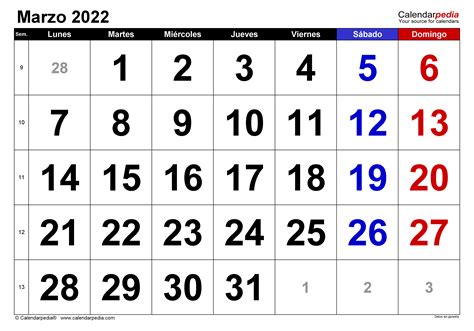 Calendario Marzo En Word Excel Y PDF Calendarpedia