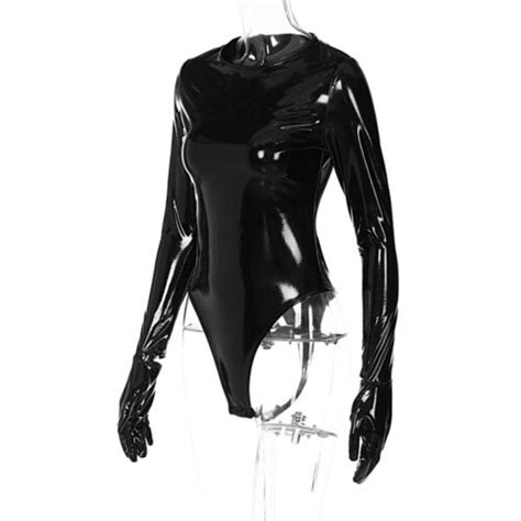 Women Wet Look Patent Leather Bodysuit Long Sleeve Rompers With Gloves