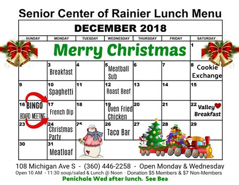 Senior Center Of Rainier News December 2018 Lunch Menu