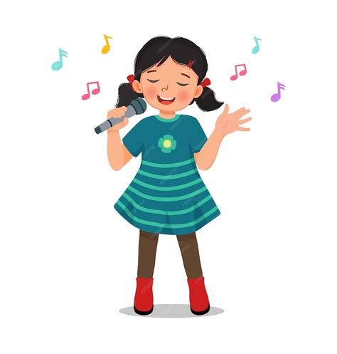 Premium Vector Happy Little Girl Singing A Song With A Microphone