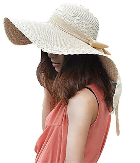 Women Large Wide Brim Floppy Beach Sun Visor Shade Straw Hat Cap Beige