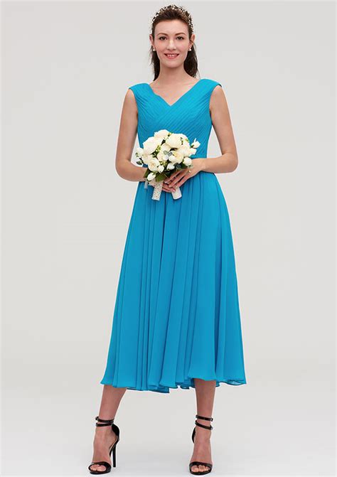 A Lineprincess V Neck Sleeveless Tea Length Chiffon Bridesmaid Dresses