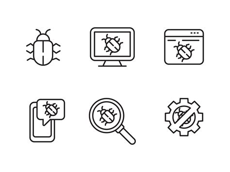 Set Of Computer Bug Icons With Linear Style And Black Color Isolated On