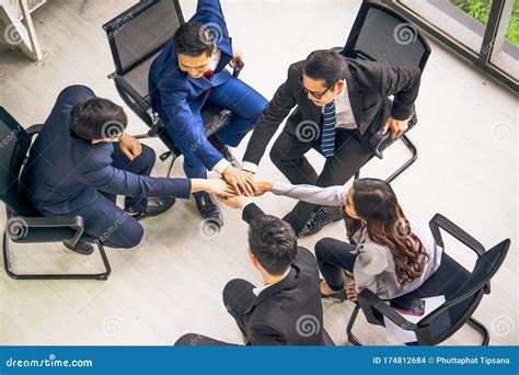 Top View Group Asian Business Peopleraised Hand Collaborate Celebrate