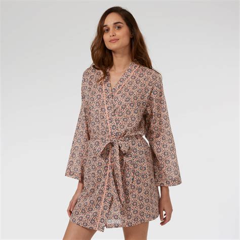 Short Cotton Robe In Trailing Flower Print By Caro London