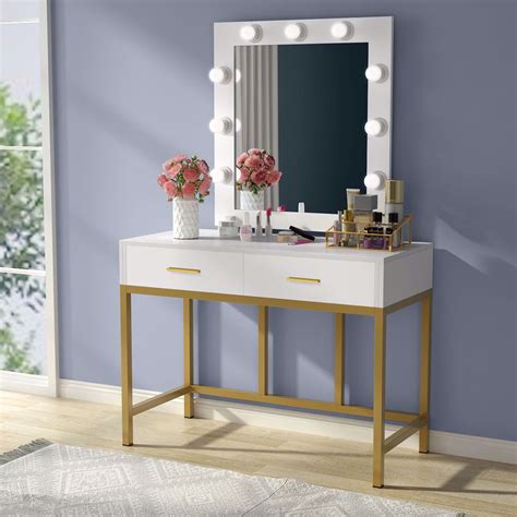 Vanity set with led lighted mirror and cushioned stool, large vanity table dressing table desk with storage shelves and 2 drawers for bedroom (gold/w lights). Tribesigns Vanity Table with Lighted Mirror, Makeup Vanity ...