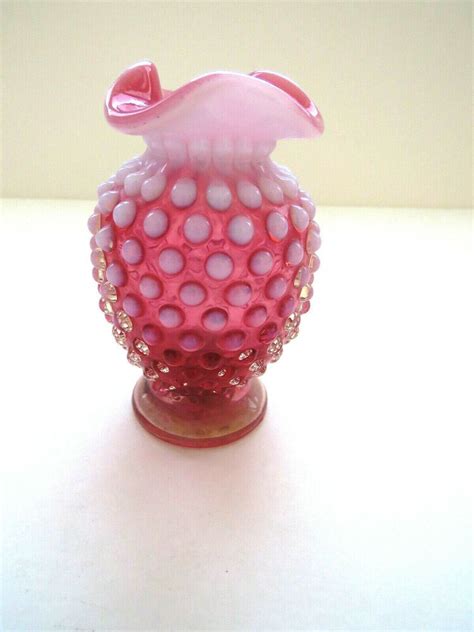Fenton Cranberry Pink Hobnail Opalescent Milkglass 4 Vase Vintage 1940s Fenton Art Glass