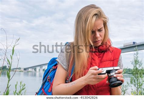 Portrait Worried Blonde Backpacker Using Digital Stock Photo 453042826