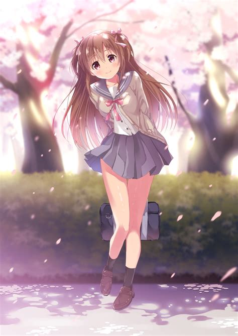 Hình nền hình minh họa tóc dài Anime cô gái công viên đồng phục học sinh mắt đỏ Hồng