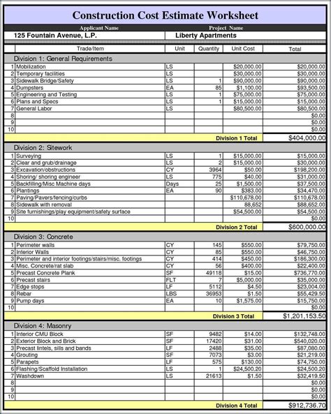 》free Printable Construction Cost Estimate Template Excel