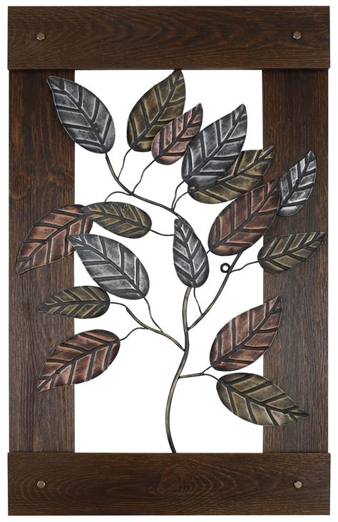 A Wooden Frame With Metal Leaves On The Front And Back Panel Mounted