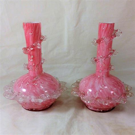A Pair Of Pink Cased Spangled Art Glass Bottle Shaped Vases They Are Antique Items Dating From