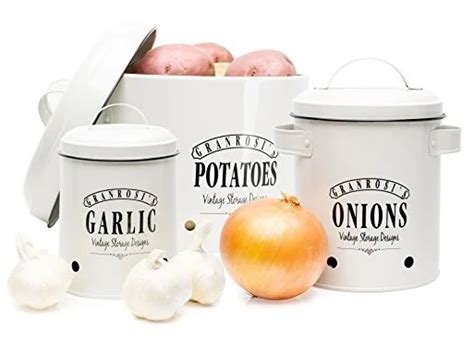 Metal Vented Potato Onion Garlic Canister Set Food Storage Crock Can