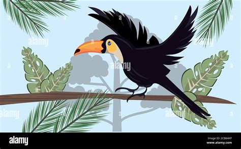 Wild Toucan Animal Bird Flying In The Jungle Scene Vector Illustration