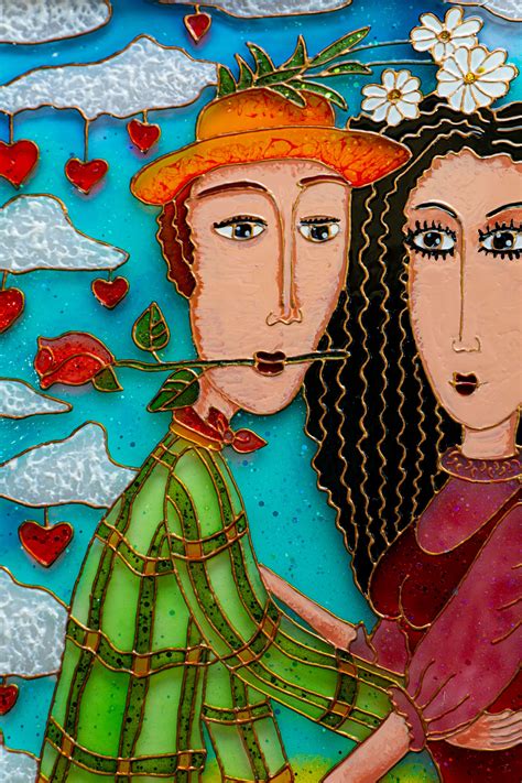 Symphony of Love on the Clouds. Romantic Stained Glass Window Depicting