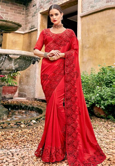 Red Satin Embroidered Festival Wear Saree 162110 Trendy Sarees Saree Designs Lehenga Style Saree