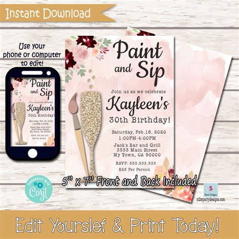 Paint And Sip Invitation Birthday Bridal Shower Wine And Painting