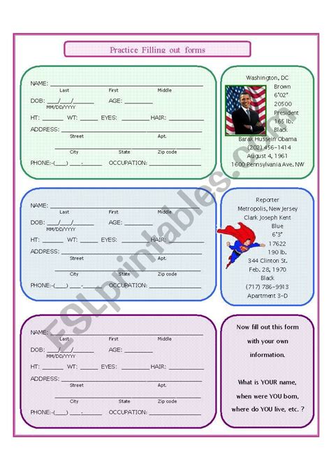 Practice Filling Out Forms Esl Worksheet By Suethom