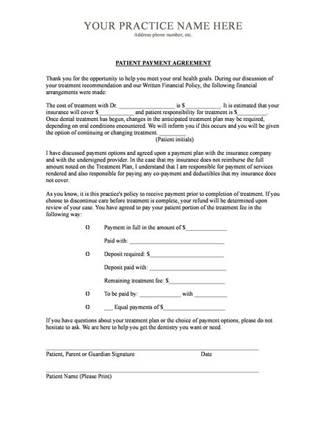 Dental Payment Plan Agreement Template Printable Payment Agreement