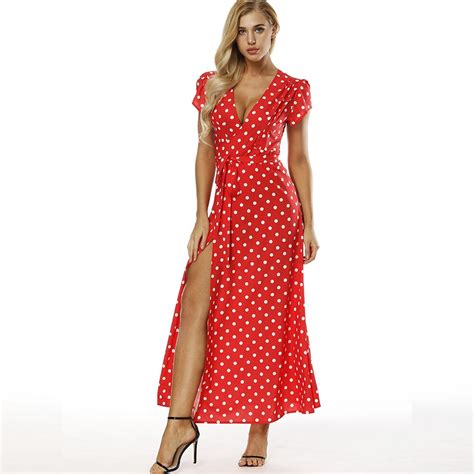 Bohoartist Red Polka Dot Dress Sexy Split Shrug Short Sleeve Wrap Dresses Lace Up Print Vintage