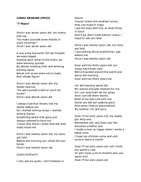 Lyrics To 7 Years Old By Lukas Graham Lyricswalls