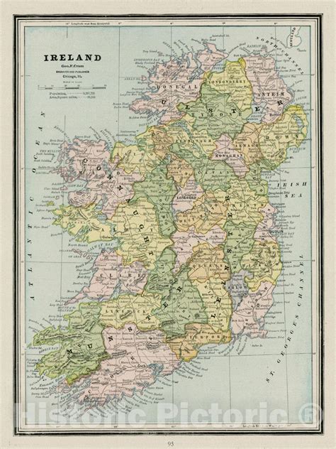Historic Map Ireland 1892 George F Cram Vintage Wall Art