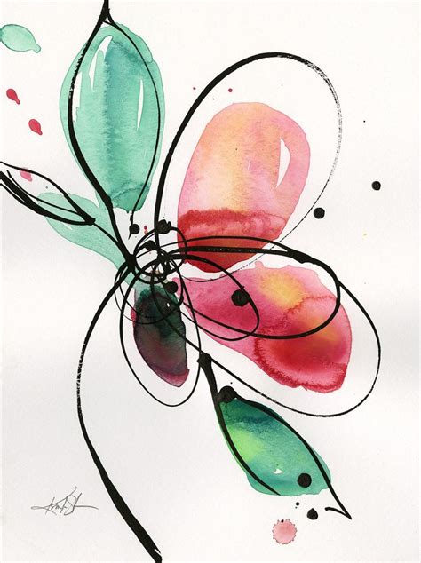 Abstract Flower Watercolor Ink Painting Minimalistic Floral Blumen
