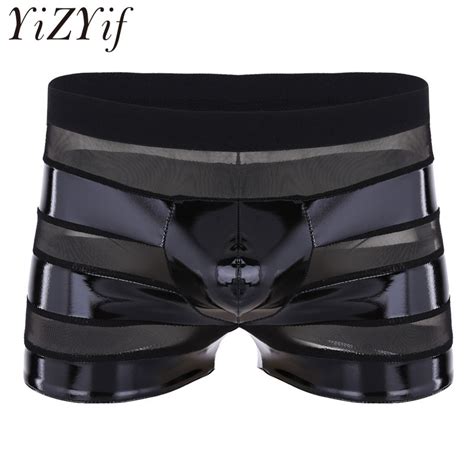 Yizyif Mens Soft Black Wetlook Shiny Leather Mesh Splice Boxer Shorts