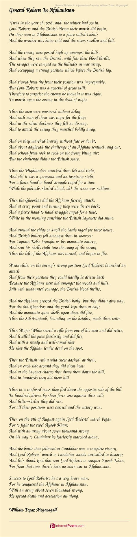 General Roberts In Afghanistan Poem By William Topaz Mcgonagall