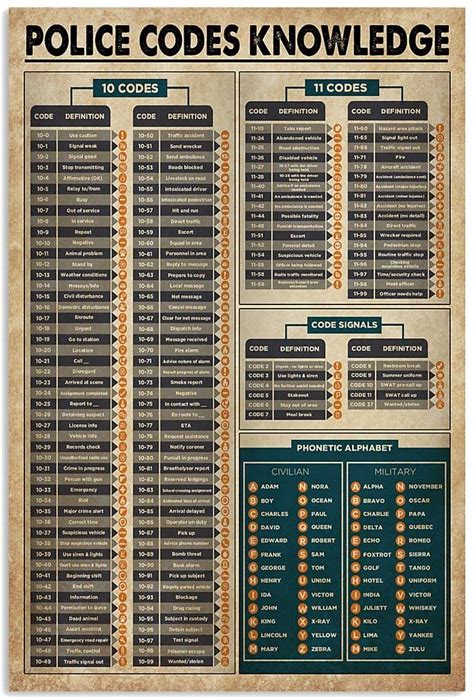 Vintage Police Codes Knowledge Poster Canvas Wall Art Print Home Decor