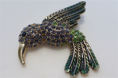 Vintage Bejeweled Hummingbird Pin Brooch Crystal Rhinestones And Enamel