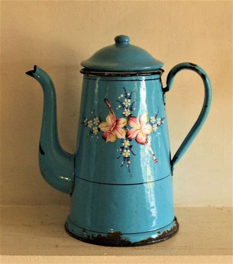 Vintage French Blue Enamel Coffee Pot Etsy Uk French Vintage