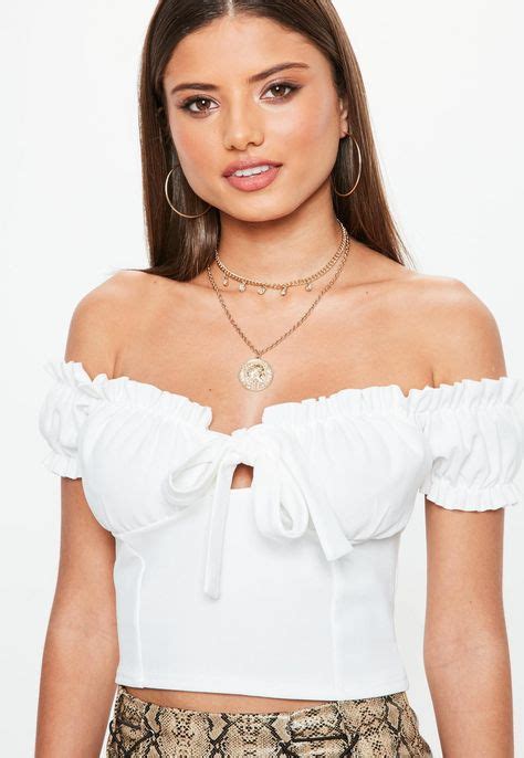 Missguided White Tie Front Frill Bardot Crop Top Women Tops Online