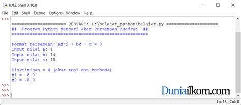 Latihan Kode Program Python Mencari Akar Persamaan Kuadrat