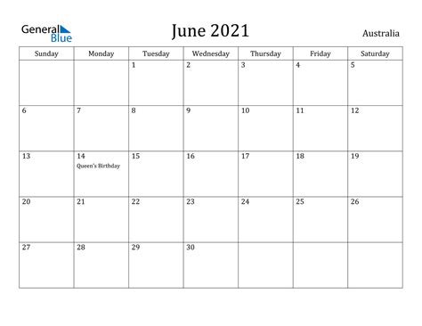 Australia June 2021 Calendar With Holidays