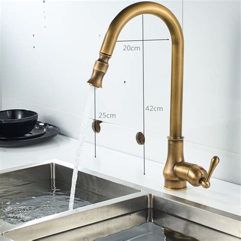 Antique Vintage Look Brushed Brass Kitchen Faucet With Pull Out And 360