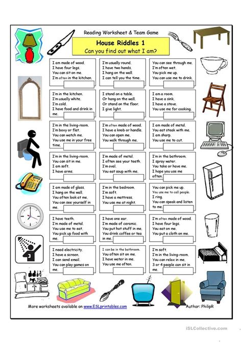 Household riddles for adults : House Riddles (1) - Easy worksheet - Free ESL printable ...
