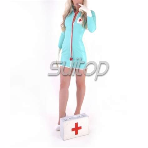 suitop women s rubber latex long sleeve nurse uniform tight dress attached zip with gloves main
