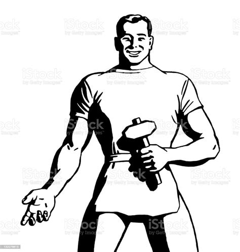 man holding hammer stock illustration download image now adult adults only black and white