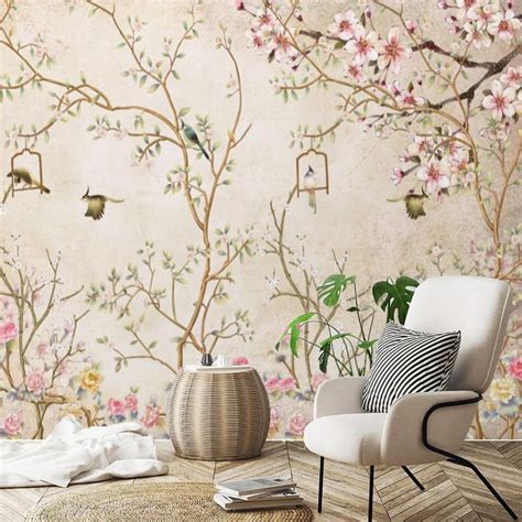 Chinoiserie Wallpaper Birds Wall Mural Peel And Stick Etsy