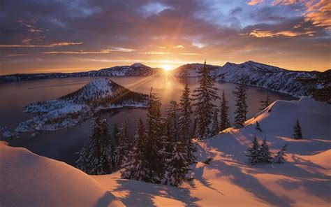 Download Crater Lake National Park Winter Sunset Mountain America