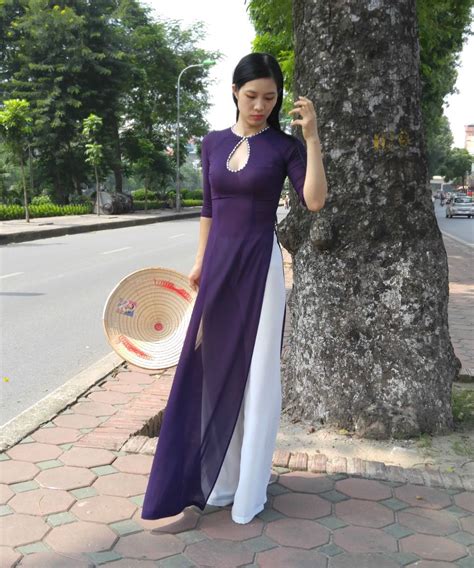Details About Eggplant Chiffon Vietnamese Ao Dai Custom Made Dress White Satin Pant Áo Dài