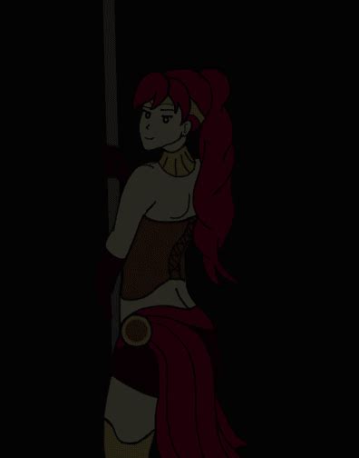 A Woman With Long Red Hair Standing Next To A Pole In The Dark Wearing A Brown And White Dress