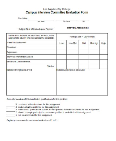 Free Sample Interview Evaluation Forms In Pdf Ms Word Excel