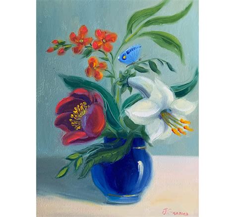 Flowers In A Blue Vase Art Original Oil Painting X By Etsy