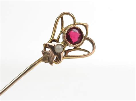 antique 10k gold ruby and pearl stick pin estate jewelry hat pins stick pins