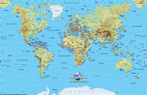 Weltkarte (politisch) mit städten, orten, straßen, flüssen, seen, bergen und landmarks. Karte von Welt, physikalisch (Übersichtskarte / Regionen ...