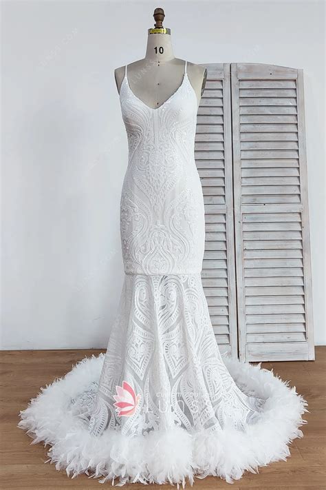 Unique White Sequin With Feather Mermaid Prom Dress Lunss